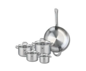 ELO 9500950 Batterie de cuisine 5 pièces, Set de 1 Poêle de cuisson 32 cm et 4 faitouts 12, 14, 16 et 20 cm Elo Profi Citrin, inox, induction