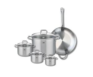 ELO 9501050 Batterie de cuisine 5 pièces, Set de 1 Poêle de cuisson 32 cm et 4 faitouts 12, 14, 16 et 26 cm Elo Profi Citrin, inox, induction