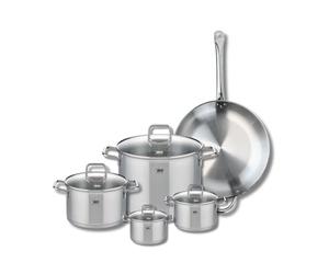 ELO 9501150 Batterie de cuisine 5 pièces, Set de 1 Poêle de cuisson 32 cm et 4 faitouts 12, 14, 20 et 26 cm Elo Profi Citrin, inox, induction, Gris Argent