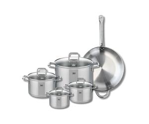 ELO 9501350 Batterie de cuisine 5 pièces, Set de 1 Poêle de cuisson 32 cm et 4 faitouts 14, 16, 20 et 26 cm Elo Profi Citrin, inox, induction