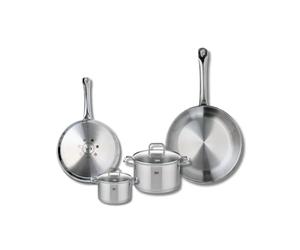 ELO 9502150 Batterie de cuisine 4 pièces, Set de 2 Poêles de cuisson 24 et 28 cm et 2 faitouts 12 et 16 cm Elo Profi Citrin, inox, induction