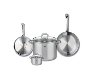 ELO 9502350 Batterie de cuisine 4 pièces, Set de 2 Poêles de cuisson 24 et 28 cm et 2 faitouts 12 et 26 cm Elo Profi Citrin, inox, induction