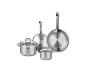 ELO 9502550 Batterie de cuisine 4 pièces, Set de 2 Poêles de cuisson 24 et 28 cm et 2 faitouts 14 et 20 cm Elo Profi Citrin, inox, induction