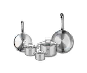 ELO 9503150 Batterie de cuisine 5 pièces, Set de 2 Poêles de cuisson 24 et 28 cm et 3 faitouts 12, 14 et 20 cm Elo Profi Citrin, inox, induction