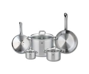 ELO 9503450 Batterie de cuisine 5 pièces, Ensemble de 2 Poêles de cuisson 24 et 28 cm et 3 faitouts 12, 16 et 26 cm Elo Profi Citrin, inox, induction