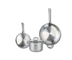 ELO 9504950 Batterie de cuisine 3 pièces, Ensemble de 2 Poêles de cuisson 24 et 32 cm et 1 faitout 20 cm Elo Profi Citrin, inox, induction