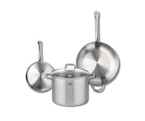 ELO 9505050 Batterie de cuisine 3 pièces, Ensemble de 2 Poêles de cuisson 24 et 32 cm et 1 faitout 26 cm Elo Profi Citrin, inox, induction, Gris Plomb