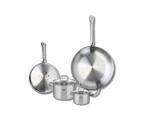 ELO 9505250 Batterie de cuisine 4 pièces, Ensemble de 2 Poêles de cuisson 24 et 32 cm et 2 faitouts 12 et 16 cm Elo Profi Citrin, inox, induction, Gris Perle