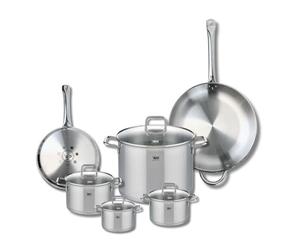 ELO 9507250 Batterie de cuisine 6 pièces, Ensemble de 2 Poêles de cuisson 24 et 32 cm et 4 faitouts 12, 14, 16 et 26 cm Elo Profi Citrin, inox, induction, Gris Perle