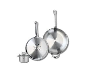 ELO 9507750 Batterie de cuisine 3 pièces, Ensemble de 2 Poêles de cuisson 28 et 32 cm et 1 faitout 12 cm Elo Profi Citrin, inox, induction