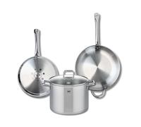 ELO 9508150 Batterie de cuisine 3 pièces, Ensemble de 2 Poêles de cuisson 28 et 32 cm et 1 faitout 26 cm Elo Profi Citrin, inox, induction
