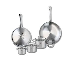 ELO 9509250 Batterie de cuisine 5 pièces, Ensemble de 2 Poêles de cuisson 28 et 32 cm et 3 faitouts 12, 14 et 16 cm Elo Profi Citrin, inox, induction