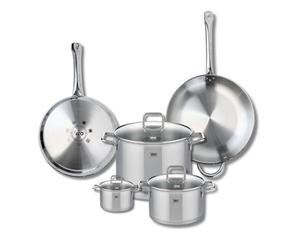 ELO 9509750 Batterie de cuisine 5 pièces, Ensemble de 2 Poêles de cuisson 28 et 32 cm et 3 faitouts 12, 20 et 26 cm Elo Profi Citrin, inox, induction