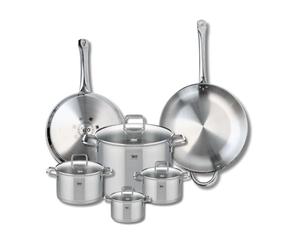 ELO 9510350 Batterie de cuisine 6 pièces, Ensemble de 2 Poêles de cuisson 28 et 32 cm et 4 faitouts 12, 14, 16 et 26 cm Elo Profi Citrin, inox, induction
