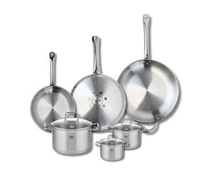 ELO 9512450 Batterie de cuisine 6 pièces, Ensemble de 3 Poêles de cuisson 24, 28 et 32 cm et 3 faitouts 12, 14 et 20 cm Elo Profi Citrin, inox, induction, Gris