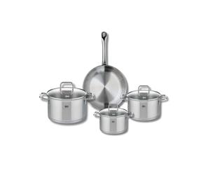 ELO 9694350 Batterie de cuisine 4 pièces, Ensemble de 1 Poêle de cuisson 24 cm et 3 faitouts 14, 16 et 20 cm Elo Profi Citrin, inox, induction