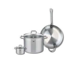 ELO 9699250 Batterie de cuisine 3 pièces, Ensemble de 1 Poêle de cuisson 32 cm et 2 faitouts 12 et 26 cm Elo Profi Citrin, inox, induction, Gris Pierre
