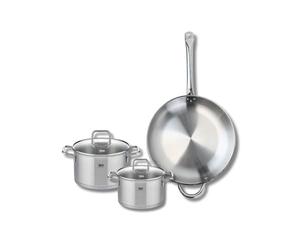 ELO 9699650 Batterie de cuisine 3 pièces, Ensemble de 1 Poêle de cuisson 32 cm et 2 faitouts 16 et 20 cm Elo Profi Citrin, inox, induction, Gris Cendré