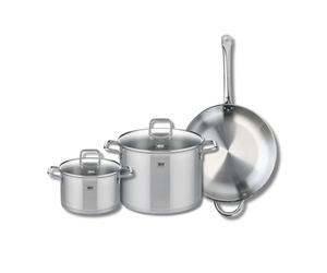 ELO 9699850 Batterie de cuisine 3 pièces, Ensemble de 1 Poêle de cuisson 32 cm et 2 faitouts 20 et 26 cm Elo Profi Citrin, inox, induction, Gris Flanelle
