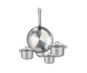 ELO 9699950 Batterie de cuisine 4 pièces, Ensemble de 1 Poêle de cuisson 32 cm et 3 faitouts 12, 14 et 16 cm Elo Profi Citrin, inox, induction