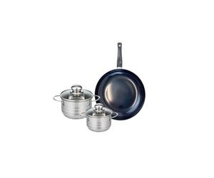 ELO 9712950 Batterie de cuisine 3 pièces, Ensemble de 1 Poêle de cuisson 24 cm et 2 faitouts 12 et 14 cm Elo Prima Brillant, inox, induction, Gris Clair