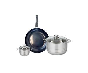 ELO 9716350 Batterie de cuisine 3 pièces, Ensemble de 1 Poêle de cuisson 28 cm et 2 faitouts 12 et 24 cm Elo Prima Brillant, inox, induction, Noir