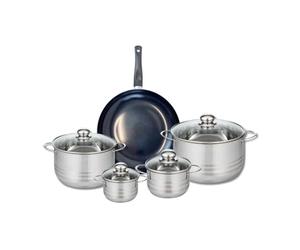 ELO 9718250 Batterie de cuisine 5 pièces, Ensemble de 1 Poêle de cuisson 28 cm et 4 faitouts 12, 14, 20 et 24 cm Elo Prima Brillant, inox, induction, Noir