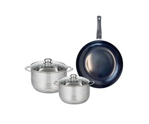 ELO 9720050 Batterie de cuisine 3 pièces, Ensemble de 1 Poêle de cuisson 32 cm et 2 faitouts 20 et 24 cm Elo Prima Brillant, inox, induction, Noir