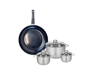 ELO 9720250 Batterie de cuisine 4 pièces, Ensemble de 1 Poêle de cuisson 32 cm et 3 faitouts 12, 14 et 20 cm Elo Prima Brillant, inox, induction