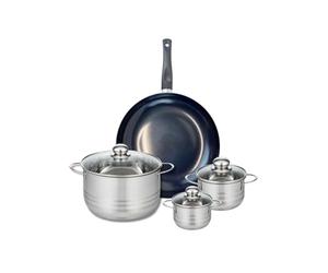 ELO 9720350 Batterie de cuisine 4 pièces, Ensemble de 1 Poêle de cuisson 32 cm et 3 faitouts 12, 14 et 24 cm Elo Prima Brillant, inox, induction