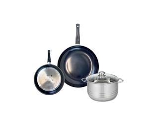 ELO 9725150 Batterie de cuisine 3 pièces, Ensemble de 2 Poêles de cuisson 20 et 28 cm et 1 faitout 20 cm Elo Prima Brillant, inox, induction