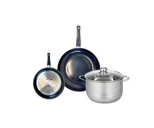 ELO 9725250 Batterie de cuisine 3 pièces, Ensemble de 2 Poêles de cuisson 20 et 28 cm et 1 faitout 24 cm Elo Prima Brillant, inox, induction, Noir
