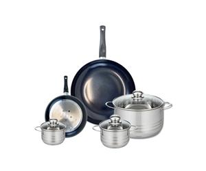 ELO 9729650 Batterie de cuisine 5 pièces, Ensemble de 2 Poêles de cuisson 20 et 32 cm et 3 faitouts 12, 14 et 24 cm Elo Prima Brillant, inox, induction