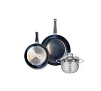 ELO 9731250 Batterie de cuisine 3 pièces, Ensemble de 2 Poêles de cuisson 24 et 28 cm et 1 faitout 16 cm Elo Prima Brillant, inox, induction, Noir