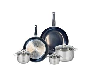 ELO 9738850 Batterie de cuisine 5 pièces, Ensemble de 2 Poêles de cuisson 28 et 32 cm et 3 faitouts 12, 14 et 20 cm Elo Prima Brillant, inox, induction