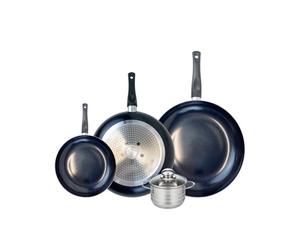 ELO 9746550 Batterie de cuisine 4 pièces, Ensemble de 3 Poêles de cuisson 20, 28 et 32 cm et 1 faitout 12 cm Elo Prima Brillant, inox, induction, Noir