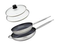 Elo 9805050 Set de 2 Poêles inox 18/10 et 2 couvercles de cuisson en verre, poêle induction, poele inox, poêle tout feux, couvercles casseroles et poêles, Acier inoxydable, Verre, Plastique, 32 x 6 cm