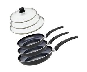 Elo 9807850 Set de 3 Poêles aluminium et 3 couvercles de cuisson en verre, poêle tous feux sauf induction,de cuisson,sans PFAS, Aluminium, Acier inoxydable, Verre, Plastique, 28 x 5 cm