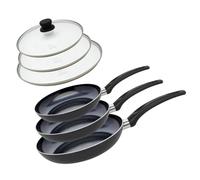 Elo 9807850 Set de 3 Poêles aluminium et 3 couvercles de cuisson en verre, poêle tous feux sauf induction, poêle de cuisson, poêle sans PFAS, Aluminium, Acier inoxydable, Verre, Plastique, 28 x 5 cm