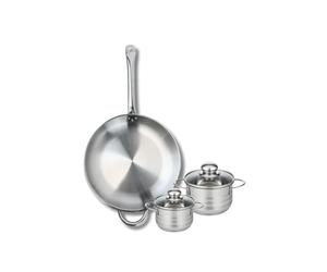 ELO 9872650 Batterie de cuisine 3 pièces, Ensemble de 1 Poêle de cuisson 32 cm et 2 faitouts 12 et 14 cm Elo Profi Brillant, inox, induction, Gris