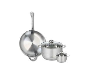 ELO 9872950 Batterie de cuisine 3 pièces, Ensemble de 1 Poêle de cuisson 32 cm et 2 faitouts 12 et 24 cm Elo Profi Brillant, inox, induction, Gris