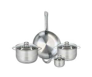 ELO 9874150 Batterie de cuisine 4 pièces, Ensemble de 1 Poêle de cuisson 32 cm et 3 faitouts 12, 20 et 24 cm Elo Profi Brillant, inox, induction