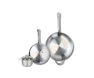 ELO 9878350 Batterie de cuisine 3 pièces, Ensemble de 2 Poêles de cuisson 24 et 32 cm et 1 faitout 12 cm Elo Profi Brillant, inox, induction, Gris Clair