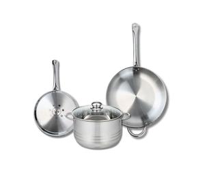 ELO 9878750 Batterie de cuisine 3 pièces, Ensemble de 2 Poêles de cuisson 24 et 32 cm et 1 faitout 24 cm Elo Profi Brillant, inox, induction, Gris Tourterelle