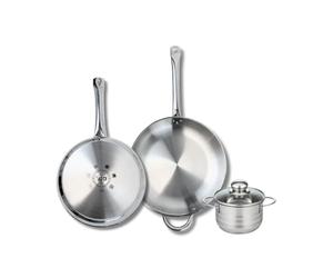 ELO 9881550 Batterie de cuisine 3 pièces, Ensemble de 2 Poêles de cuisson 28 et 32 cm et 1 faitout 14 cm Elo Profi Brillant, inox, induction