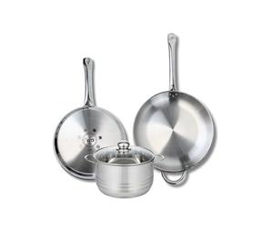 ELO 9881750 Batterie de cuisine 3 pièces, Ensemble de 2 Poêles de cuisson 28 et 32 cm et 1 faitout 20 cm Elo Profi Brillant, inox, induction, Gris Pierre