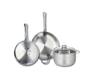 ELO 9881850 Batterie de cuisine 3 pièces, Ensemble de 2 Poêles de cuisson 28 et 32 cm et 1 faitout 24 cm Elo Profi Brillant, inox, induction, Gris Plomb