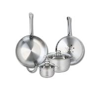 ELO 9882450 Batterie de cuisine 4 pièces, Ensemble de 2 Poêles de cuisson 28 et 32 cm et 2 faitouts 14 et 20 cm Elo Profi Brillant, inox, induction, Gris Pierre