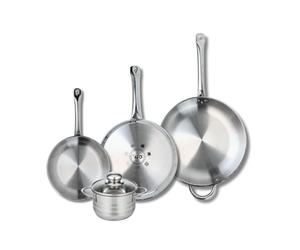 ELO 9884650 Batterie de cuisine 4 pièces, Ensemble de 3 Poêles de cuisson 24, 28 et 32 cm et 1 faitout 14 cm Elo Profi Brillant, inox, induction, Gris Perle