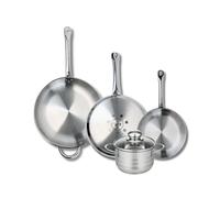 ELO 9884750 Batterie de cuisine 4 pièces, Ensemble de 3 Poêles de cuisson 24, 28 et 32 cm et 1 faitout 16 cm Elo Profi Brillant, inox, induction